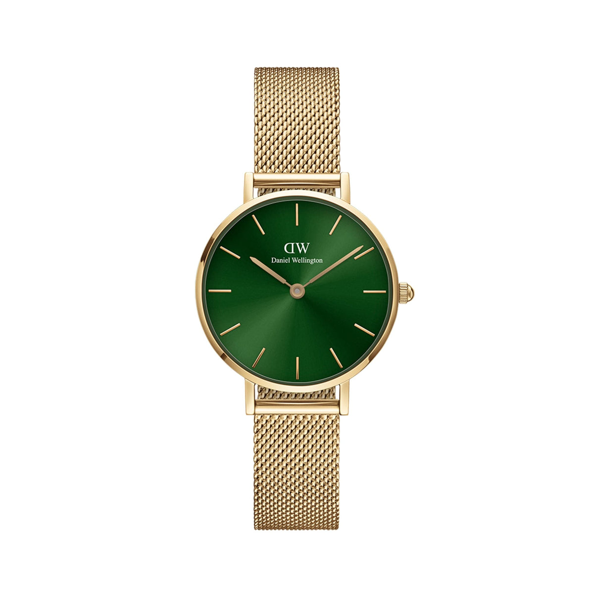 Daniel Wellington Petite Emerald women's watch with gold-coloured mesh strap and round green dial in a minimalist design.