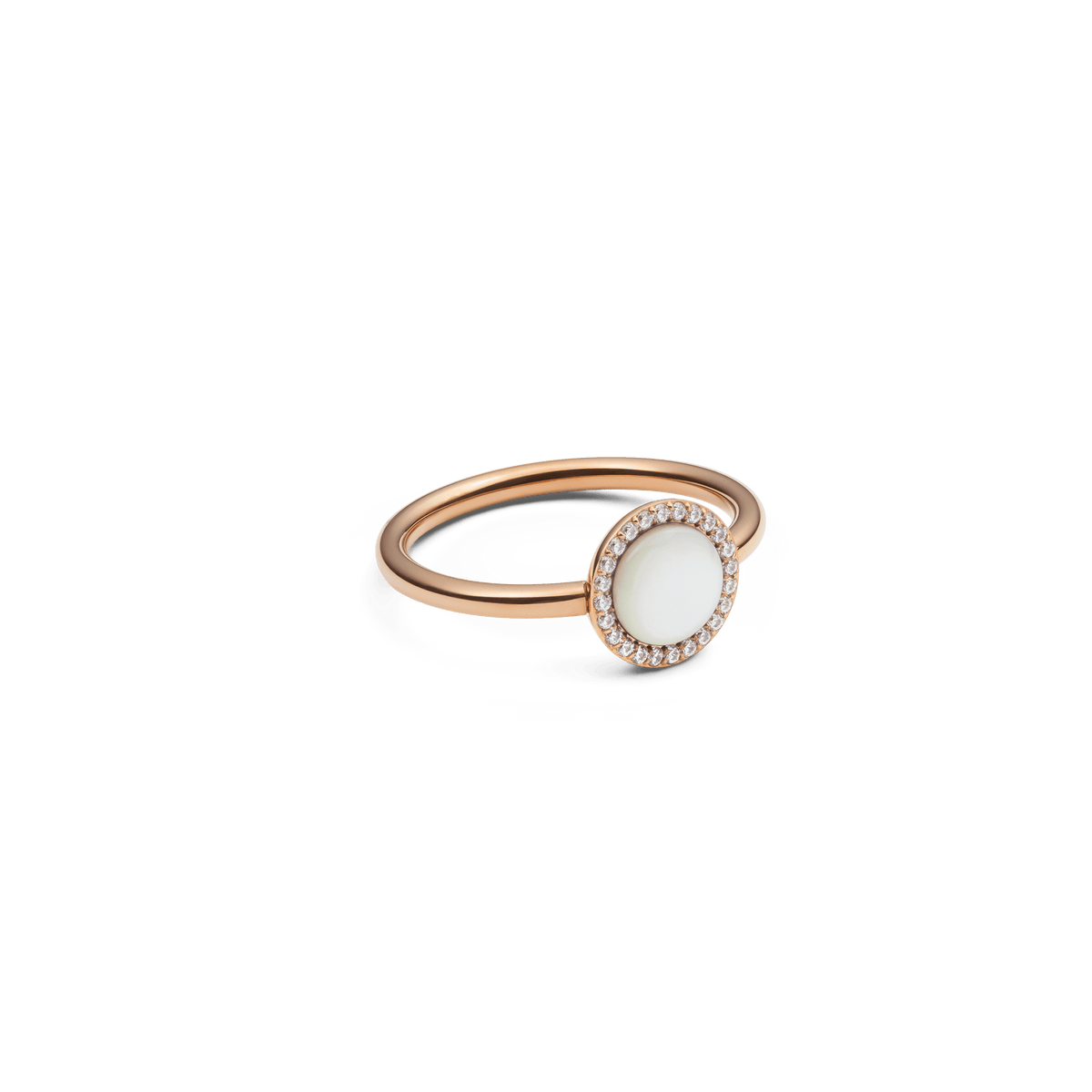 Delicate Audrey ring in rose gold with a round mother-of-pearl centre stone and encircling white zirconia crystals in a modern, elegant design.