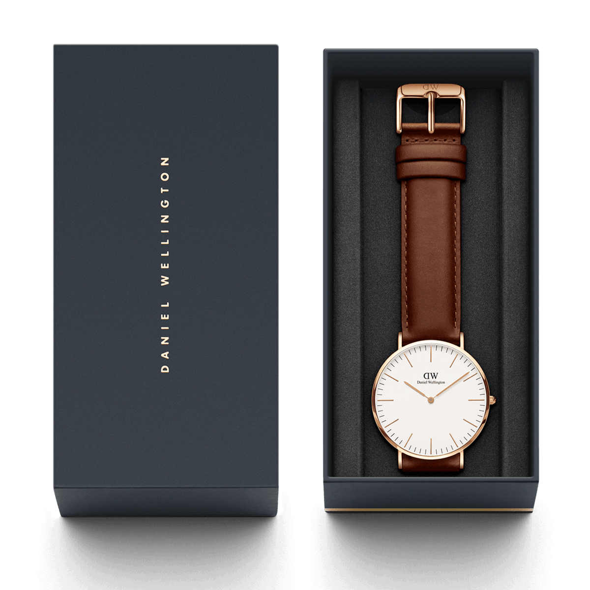 Daniel Wellington Classic St Mawes watch with brown leather strap and rose gold case in an elegant gift box.