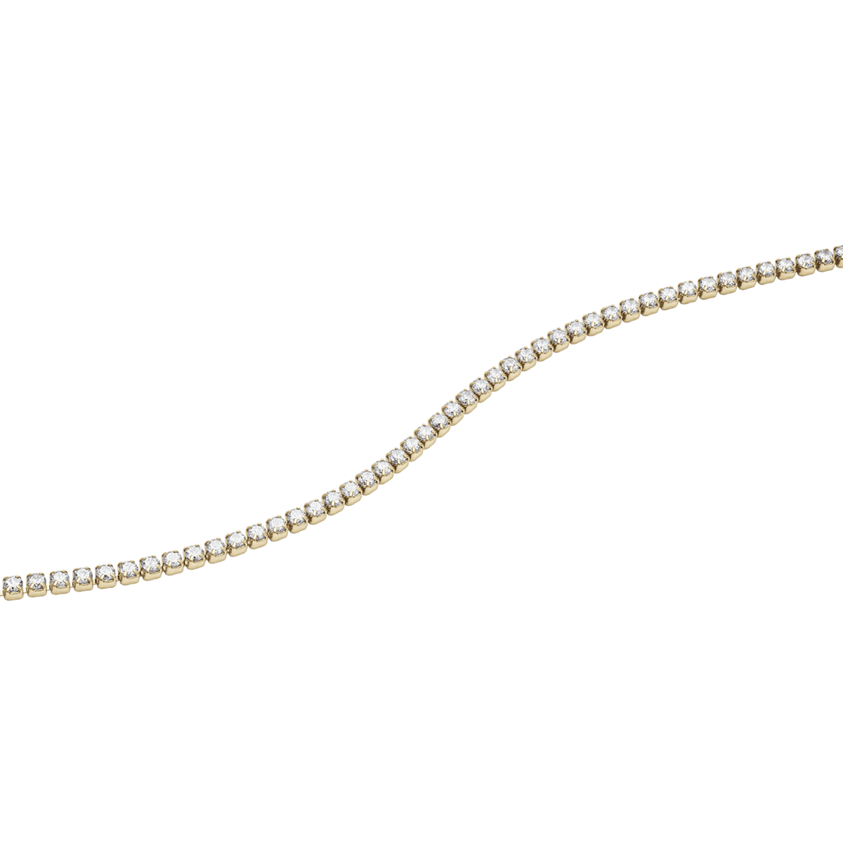 Close-up view of a gold-coloured tennis bracelet with individually set, sparkling cubic zirconia crystals in a delicate design.