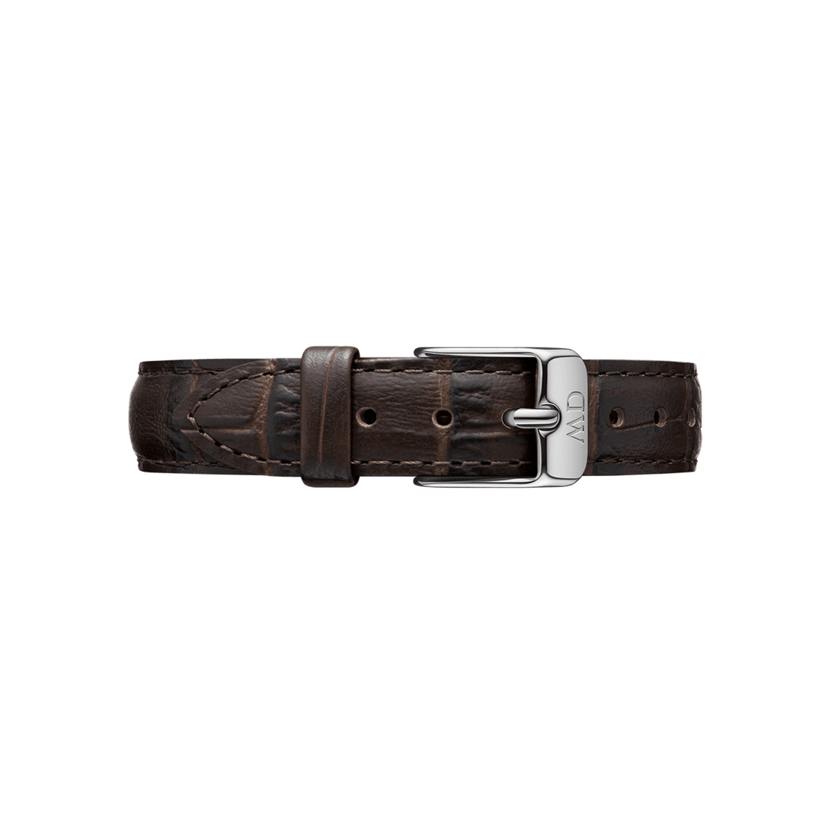 York watch strap made from dark brown genuine leather with crocodile embossing and silver pin buckle, intricately crafted and suitable for various watch widths.