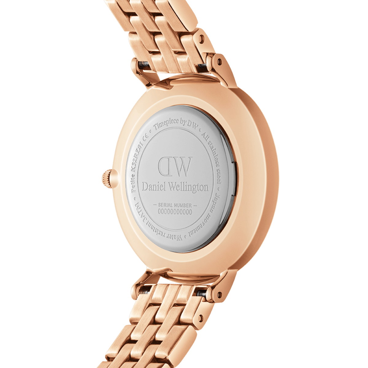 Back view of the Petite Lumine Bezel 5-Link Melrose women's watch in rose gold with engraved Daniel Wellington logo and high-quality stainless steel bracelet.