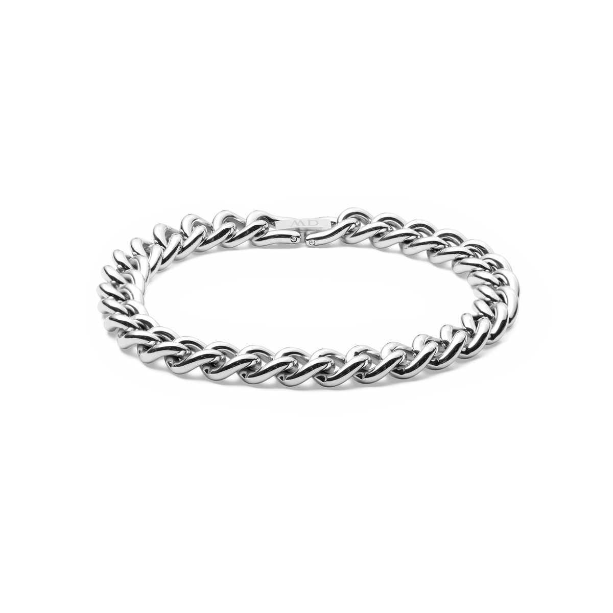 Bracciale a catena massiccia in acciaio inossidabile argentato, con maglie larghe intrecciate e chiusura a scatola. Fotografia su sfondo bianco neutro.