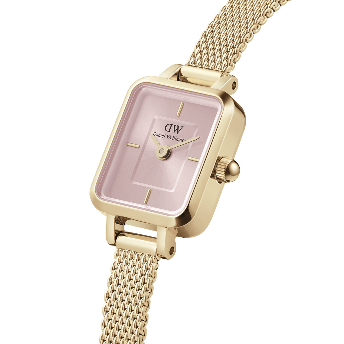 Close-up view of the Quadro Mini Evergold Blush women's watch with a rectangular gold-coloured case, rose-coloured sunray dial, and delicate stainless steel mesh strap.