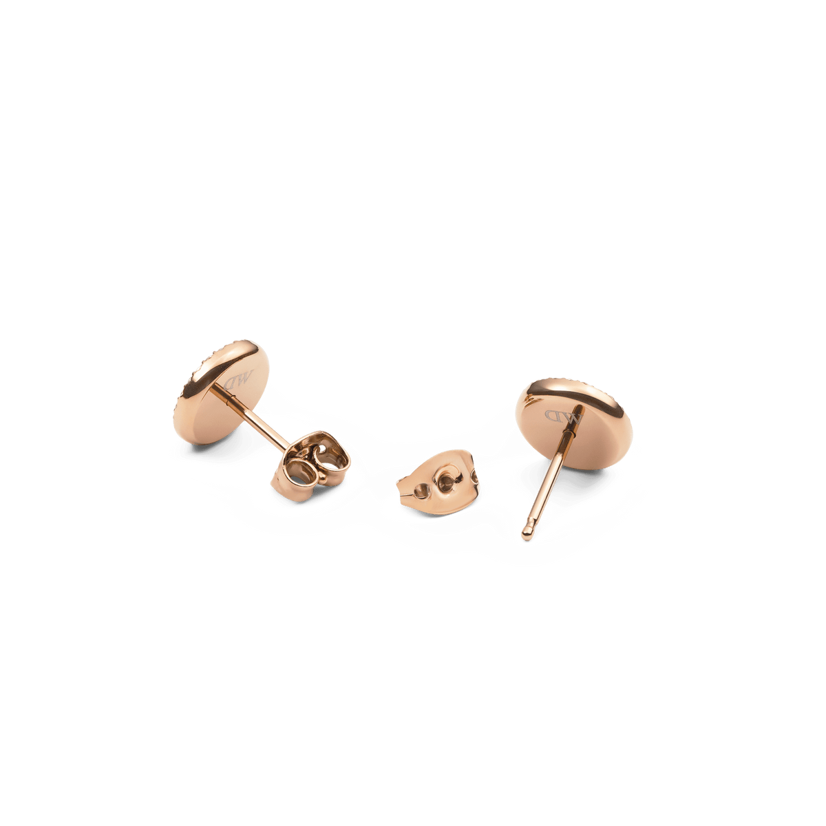 Rear view of the Audrey Jade Rose Gold earrings with a shiny, PVD-coated rose gold finish and classic stud fastenings.