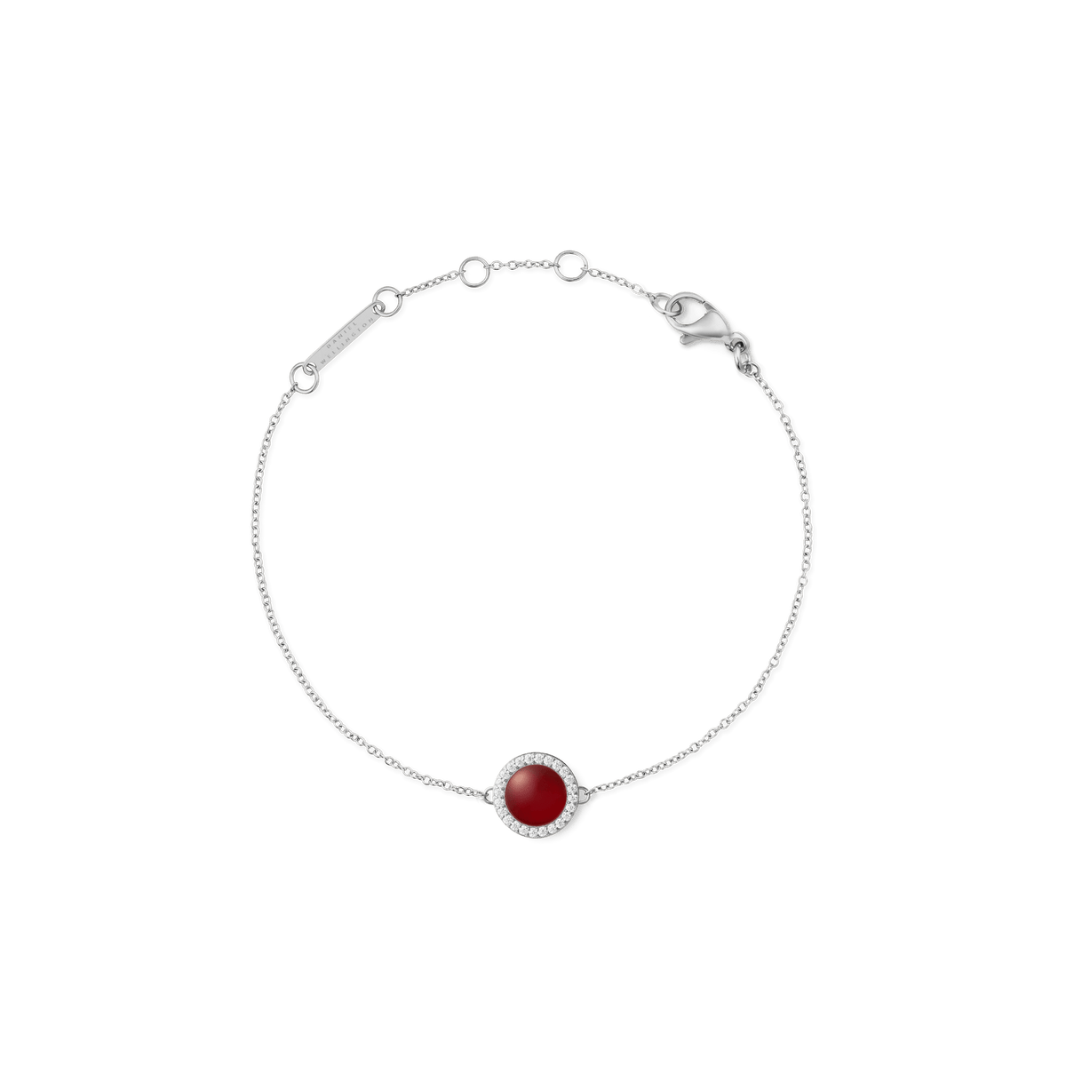 Delicate silver bracelet with a round red agate centrepiece, surrounded by a fine row of white zirconia crystals.