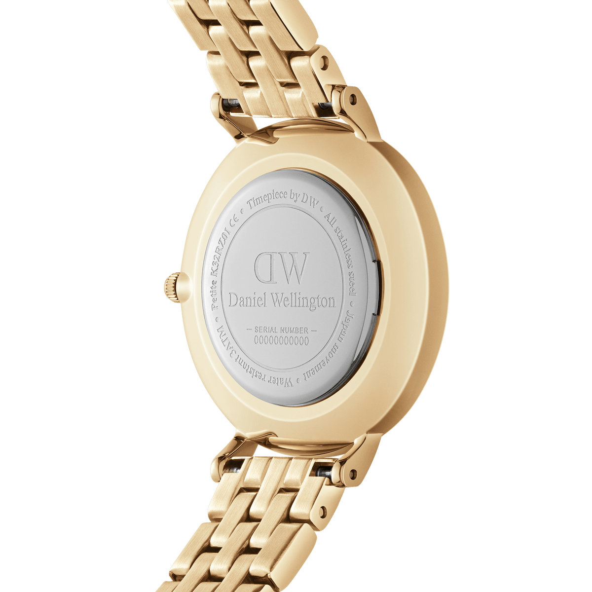 Back view of the gold Daniel Wellington women's watch Petite Roman Numerals 5-Link with engraved case back and 5-link stainless steel bracelet.