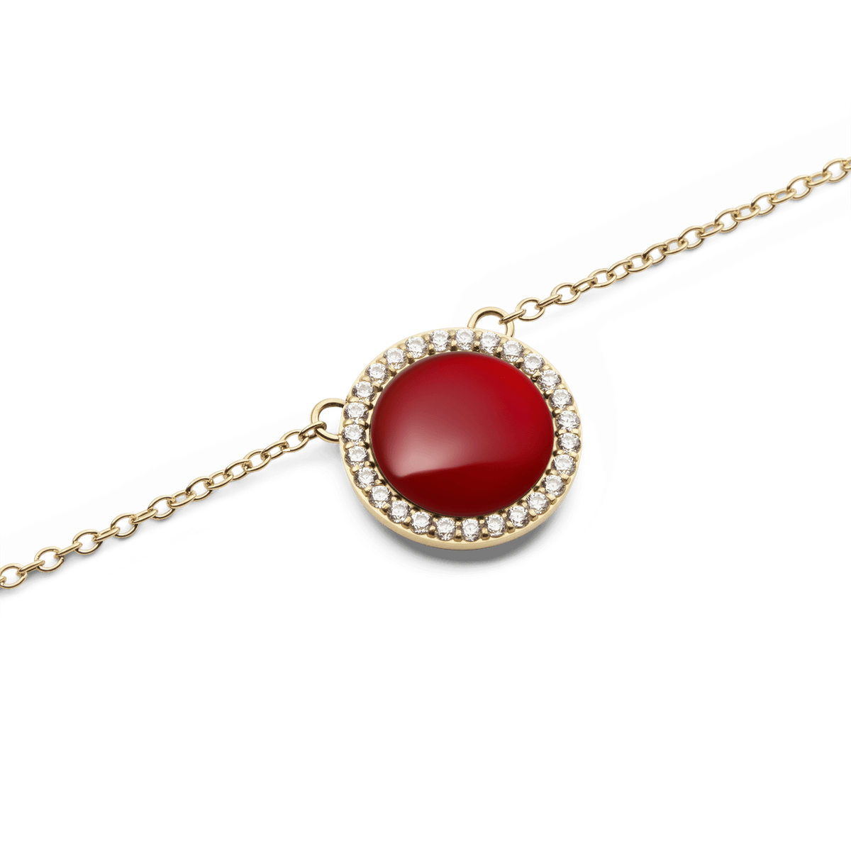 Collana Audrey con ciondolo rotondo in agata rossa naturale, impreziosito da zirconi cubici bianchi. Catena sottile in acciaio inossidabile con finitura dorata.