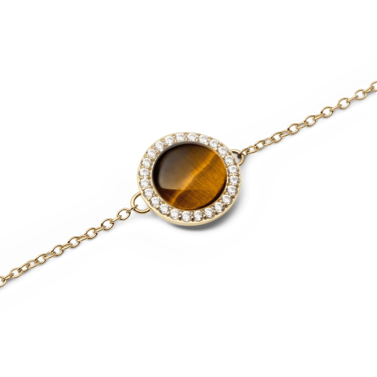 Bracciale Audrey con pietra naturale occhio di tigre dalle calde sfumature dorate, impreziosito da zirconi bianchi e completato da una sottile catena in acciaio placcato oro.
