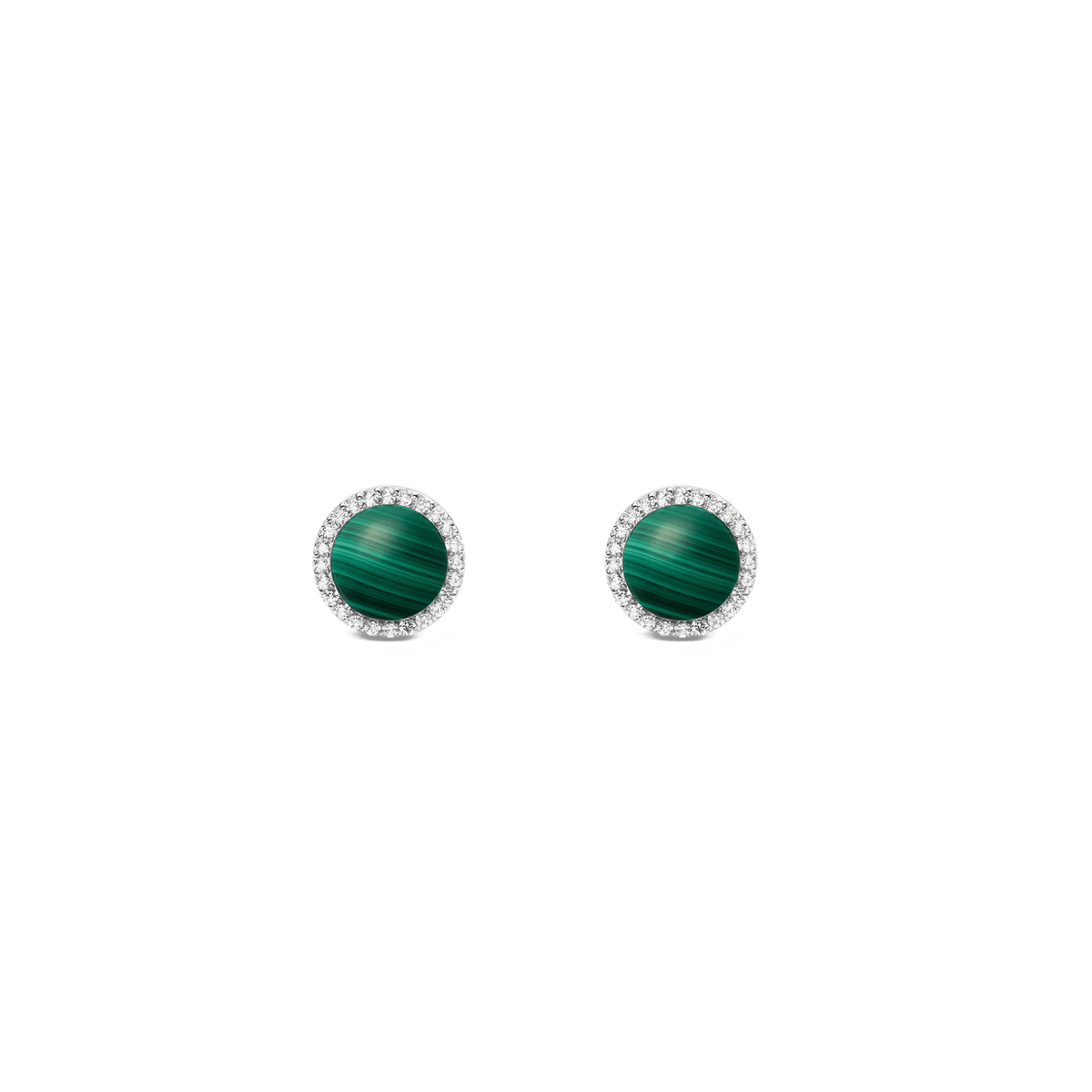 Round silver stud earrings with green malachite stone and a delicate halo of white cubic zirconia crystals, designed in a minimalist and elegant style.