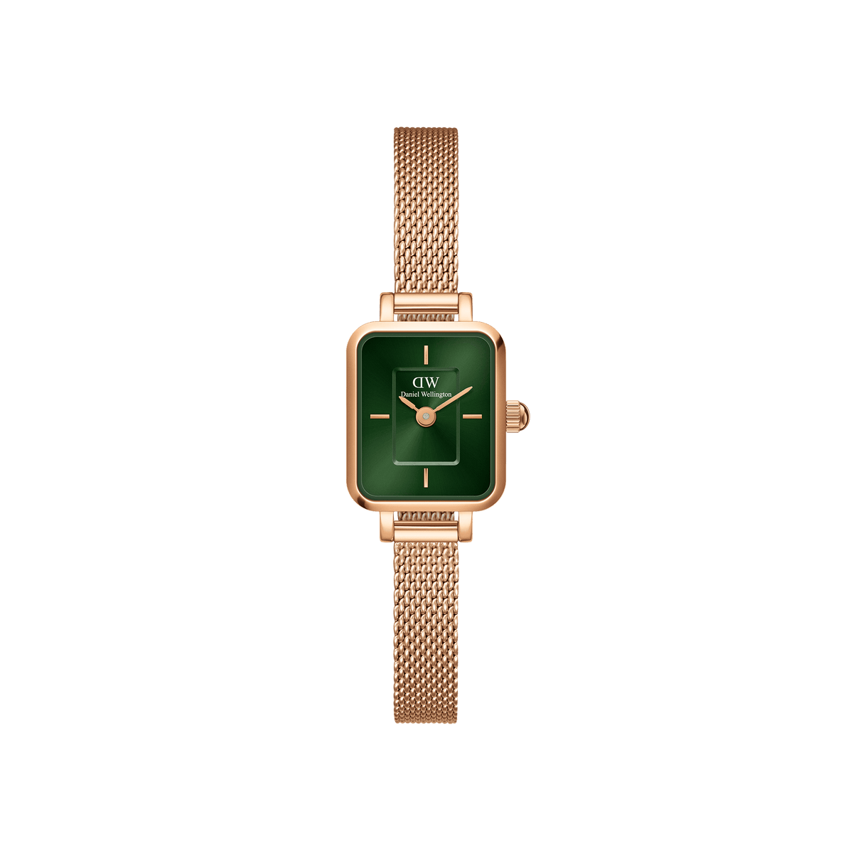 Elegant women's watch with a rectangular rose gold case, green sunray dial, and fine stainless steel mesh strap.