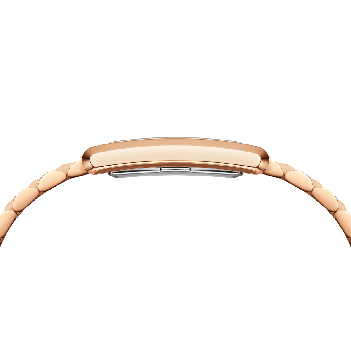 Side view of the slim, rectangular case of the Bound 3-Link Rose Gold women's watch with polished rose gold bracelet.