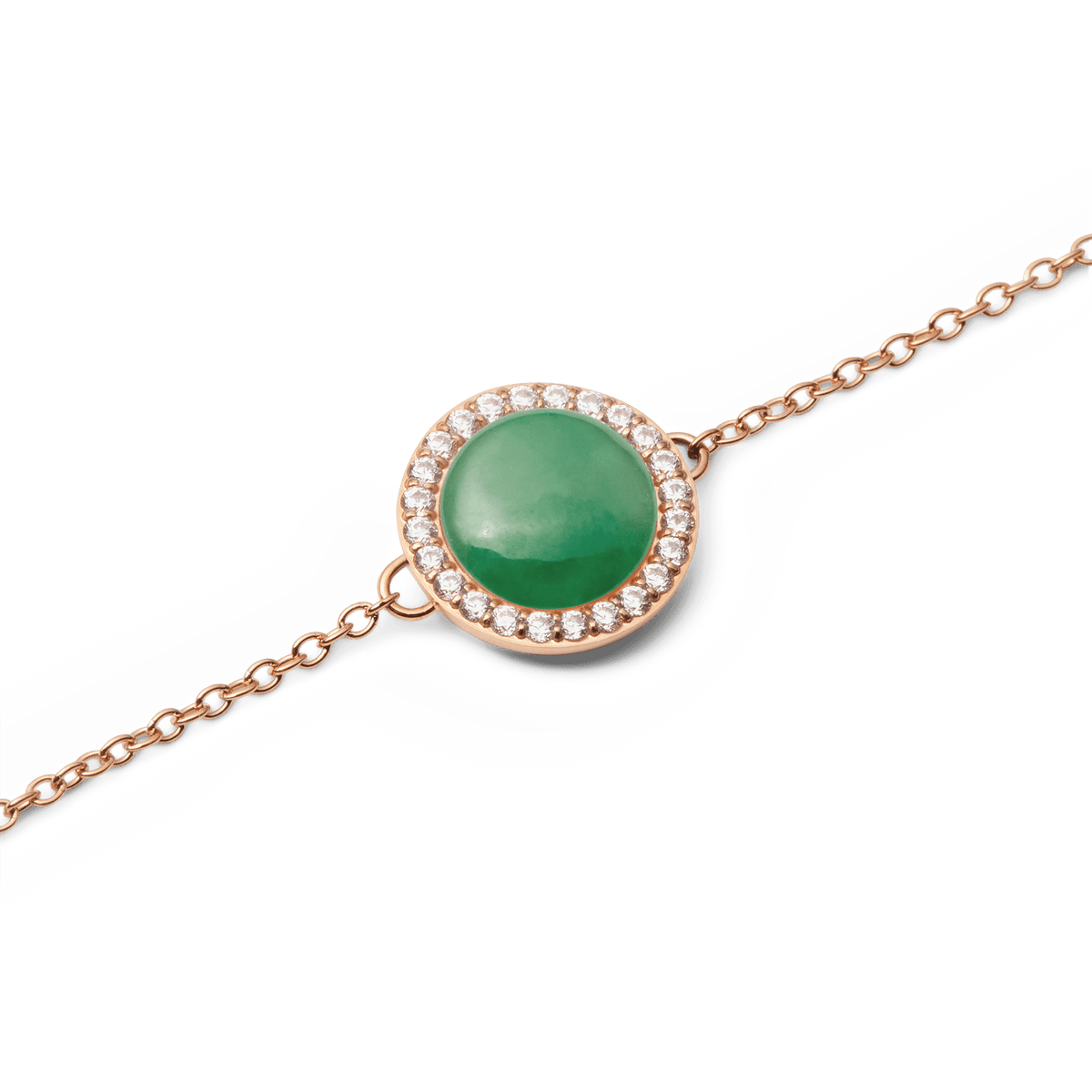 Close-up view of the Audrey Jade Bracelet in rose gold with a round green jade semi-precious stone, surrounded by a delicate row of white cubic zirconia crystals on a fine chain.