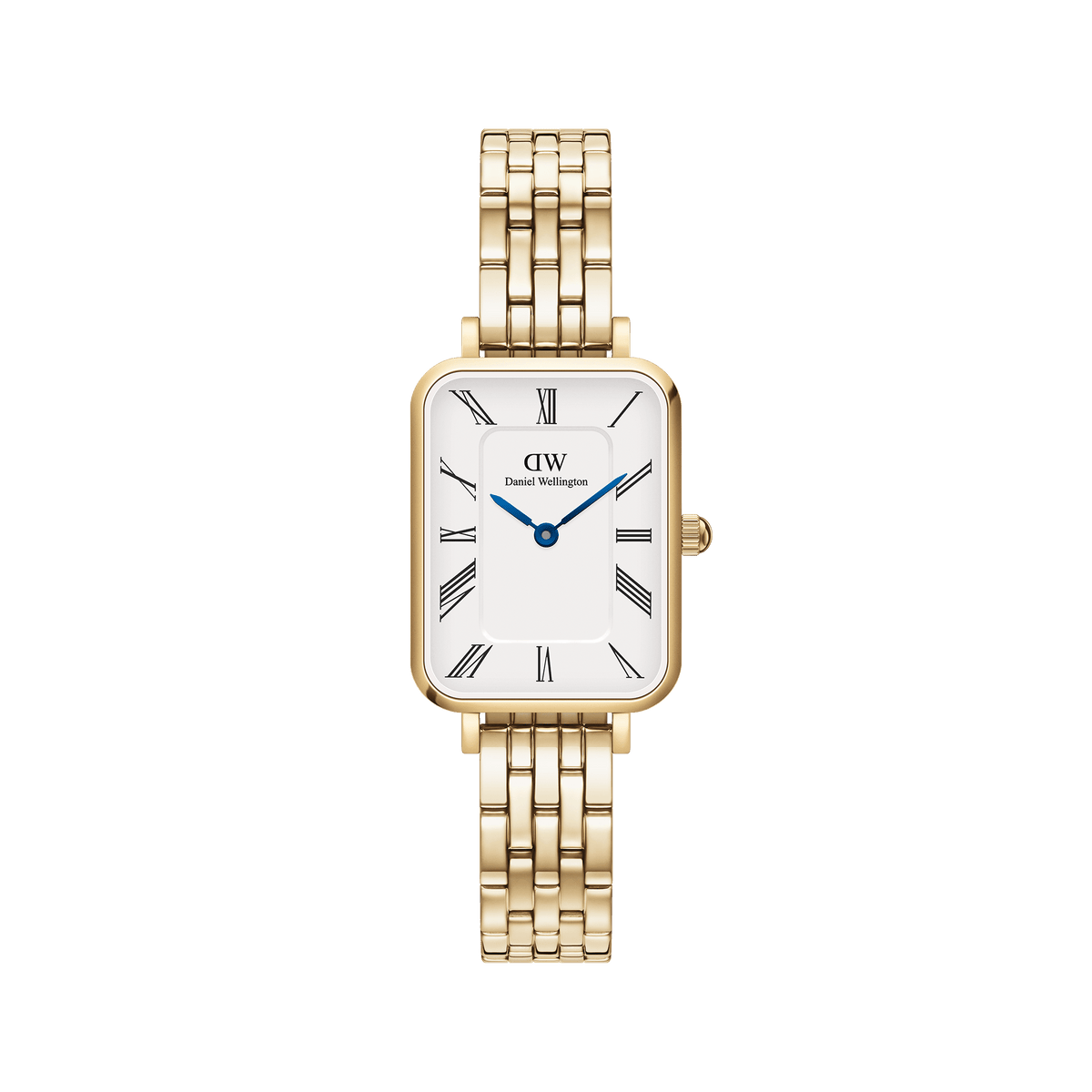 Elegant women's watch with a rectangular, gold-coloured case, white dial with Roman numerals, blue hands, and a five-link stainless steel bracelet.