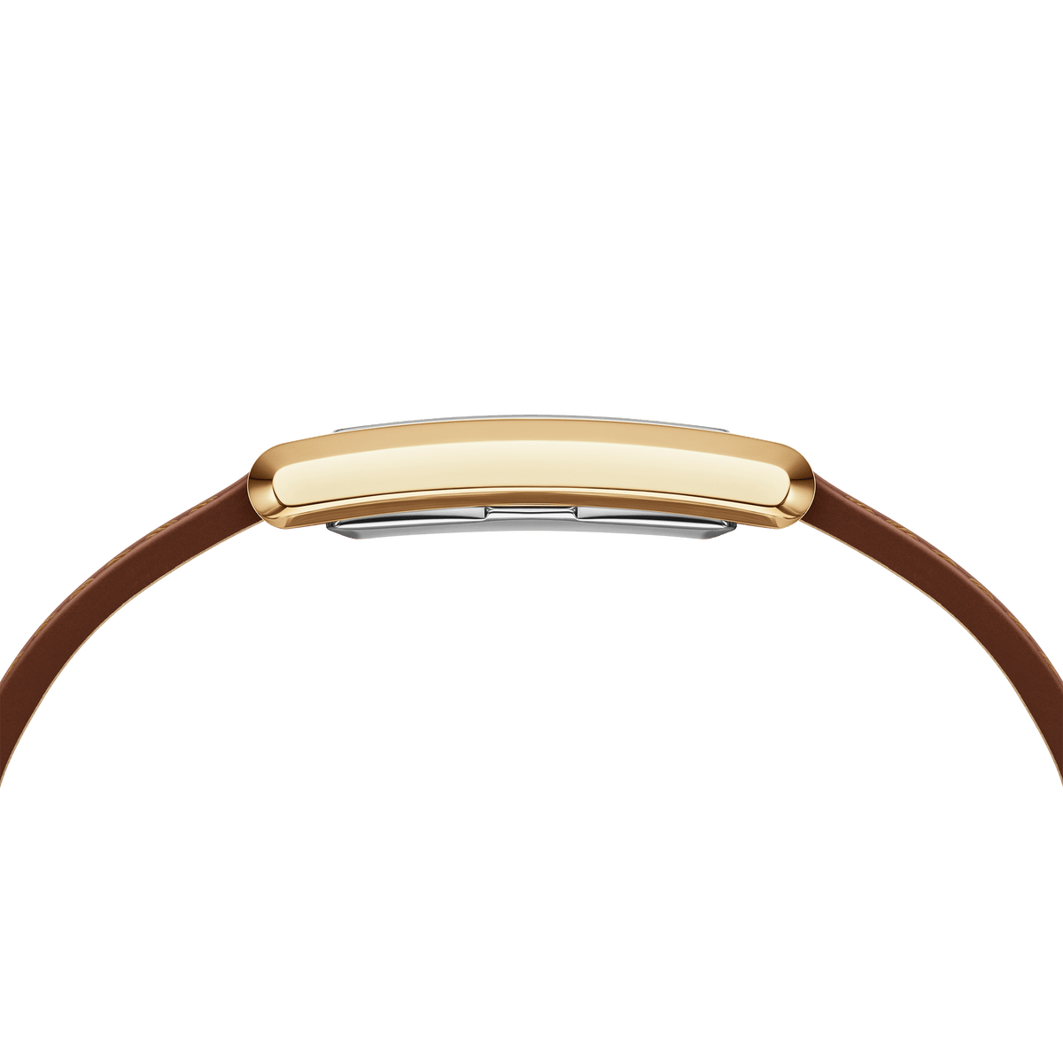 Side view of the Bound Durham Gold ladies' watch with a slim, rectangular gold-coloured case and brown leather strap.