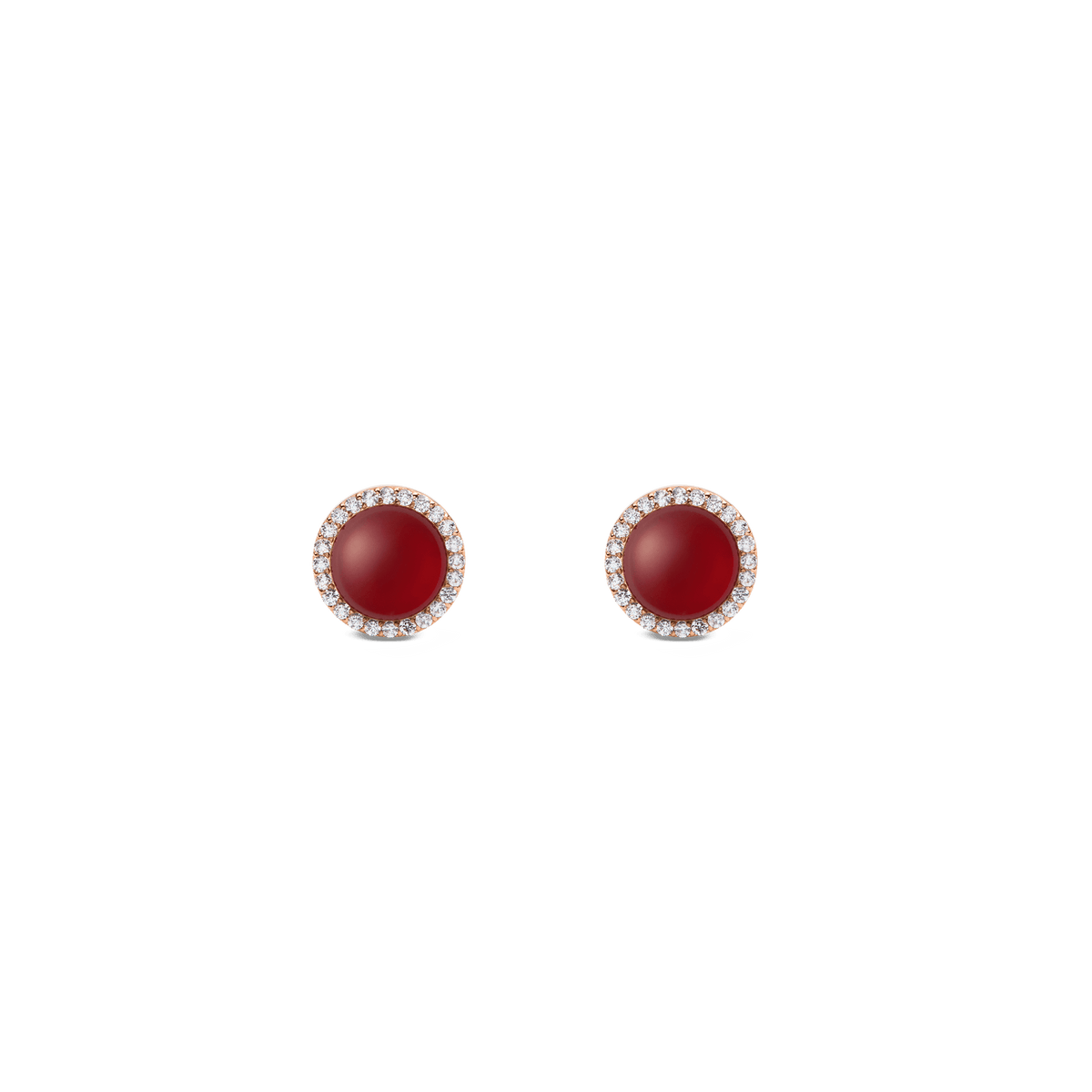 Round rose gold stud earrings with a central red agate stone, surrounded by a delicate halo of white cubic zirconia crystals.
