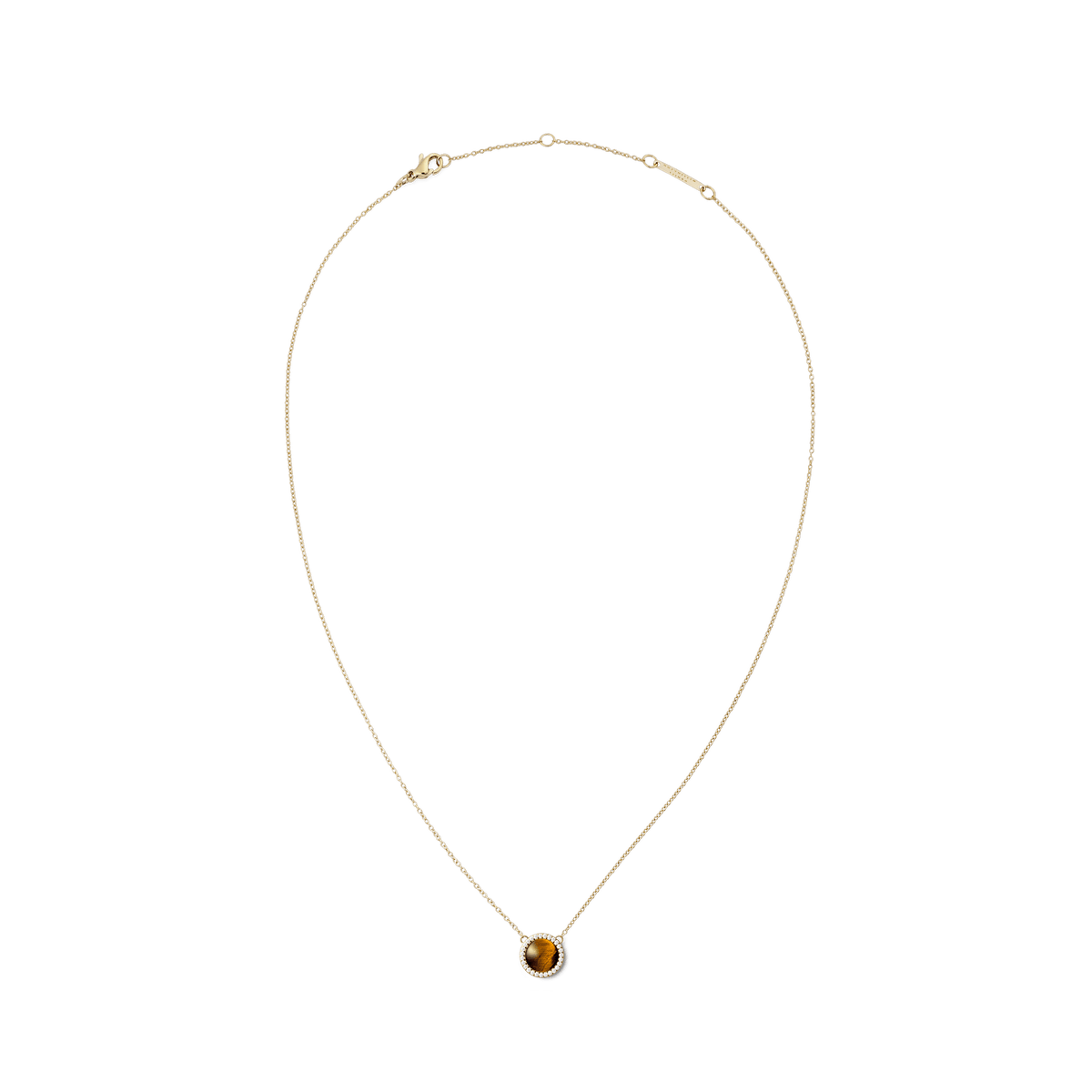 Delicate gold necklace with a round tiger's eye pendant, surrounded by white zirconia, on a white background.