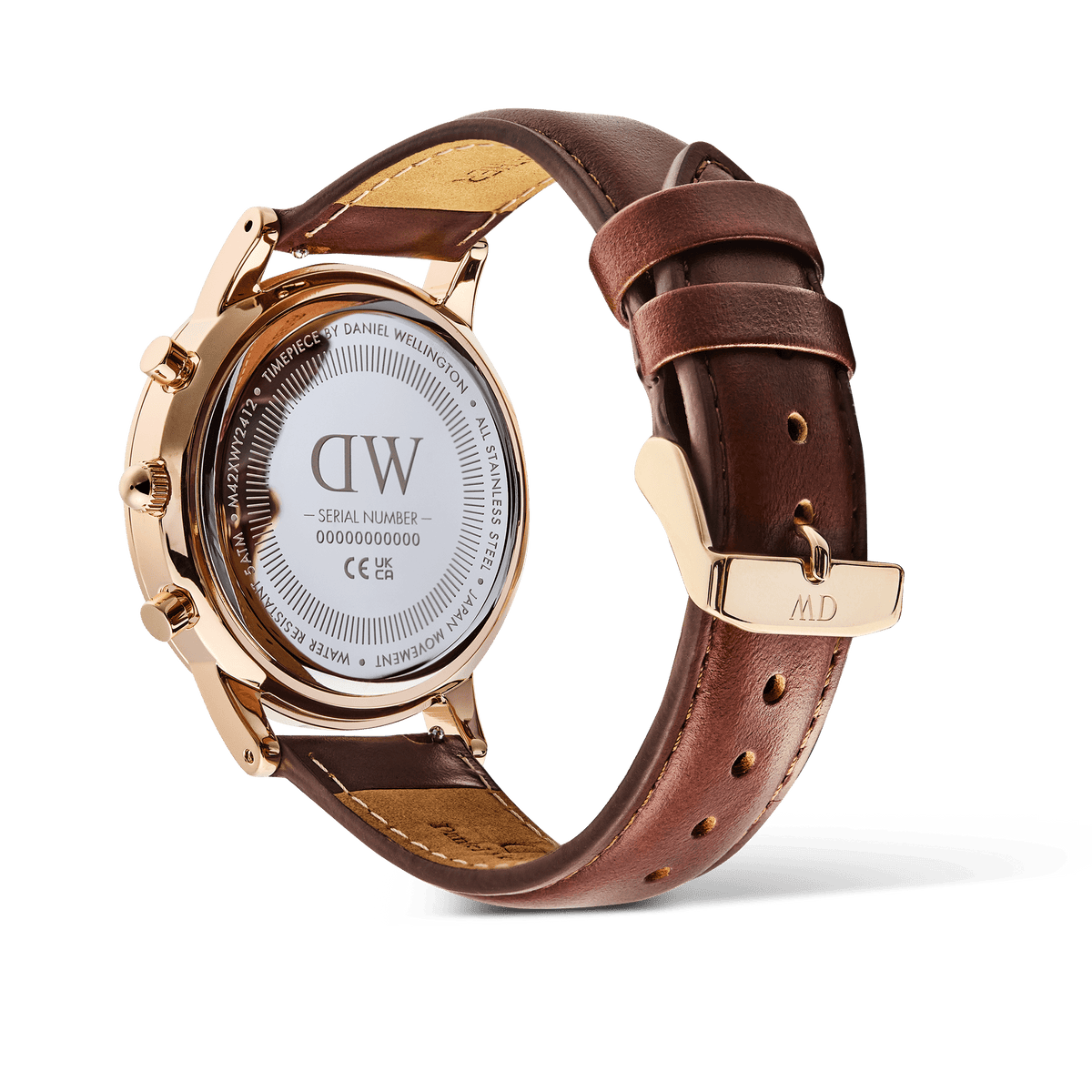Vista trasera del reloj Iconic Chronograph St Mawes Amber RG mostrando la caja de oro rosa, la correa de piel marrón con hebilla grabada y el reverso con número de serie.