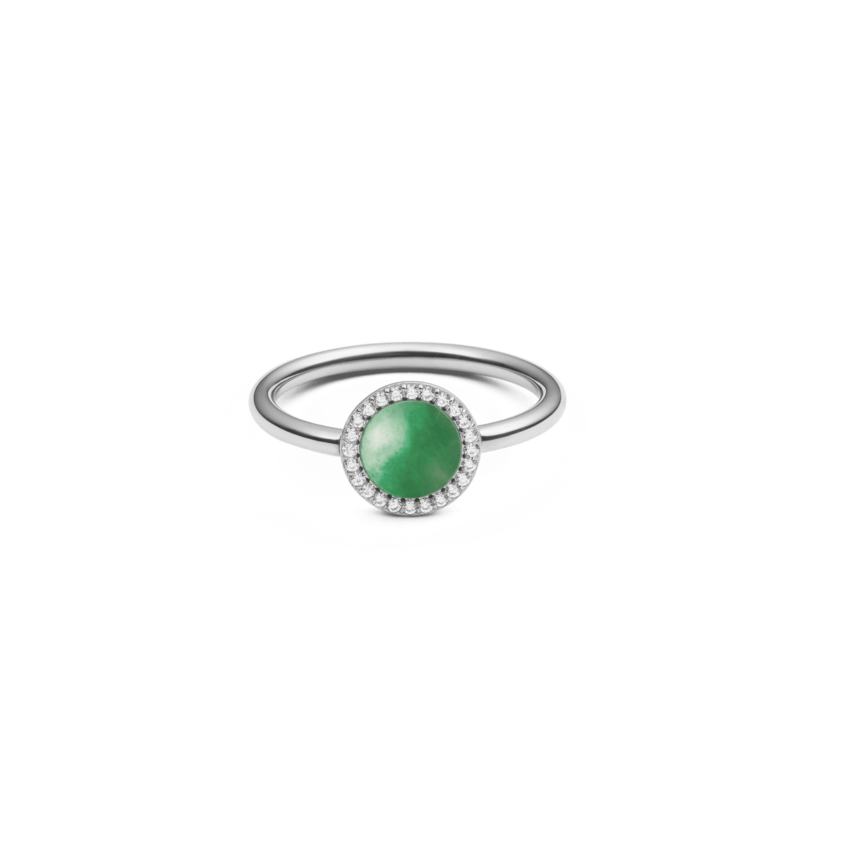 Elegant silver ring with a round green jade stone in the centre, surrounded by sparkling white zirconia crystals on a delicate ring band.