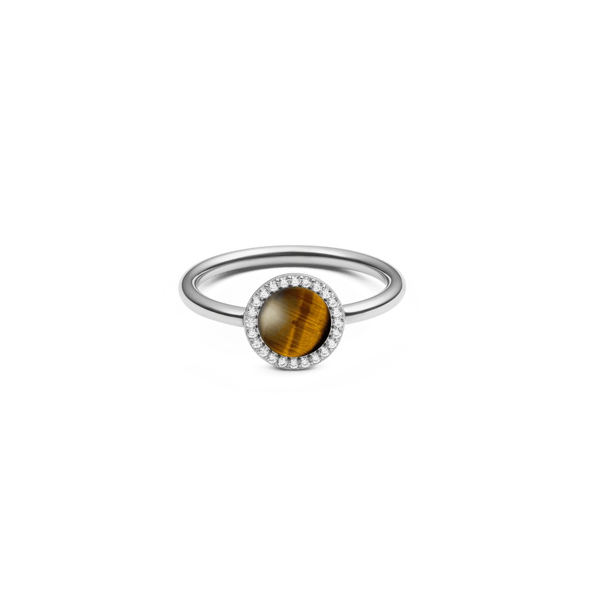 Silver women's ring with a round tiger's eye semi-precious stone and a continuous row of white zirconia crystals on a simple band.