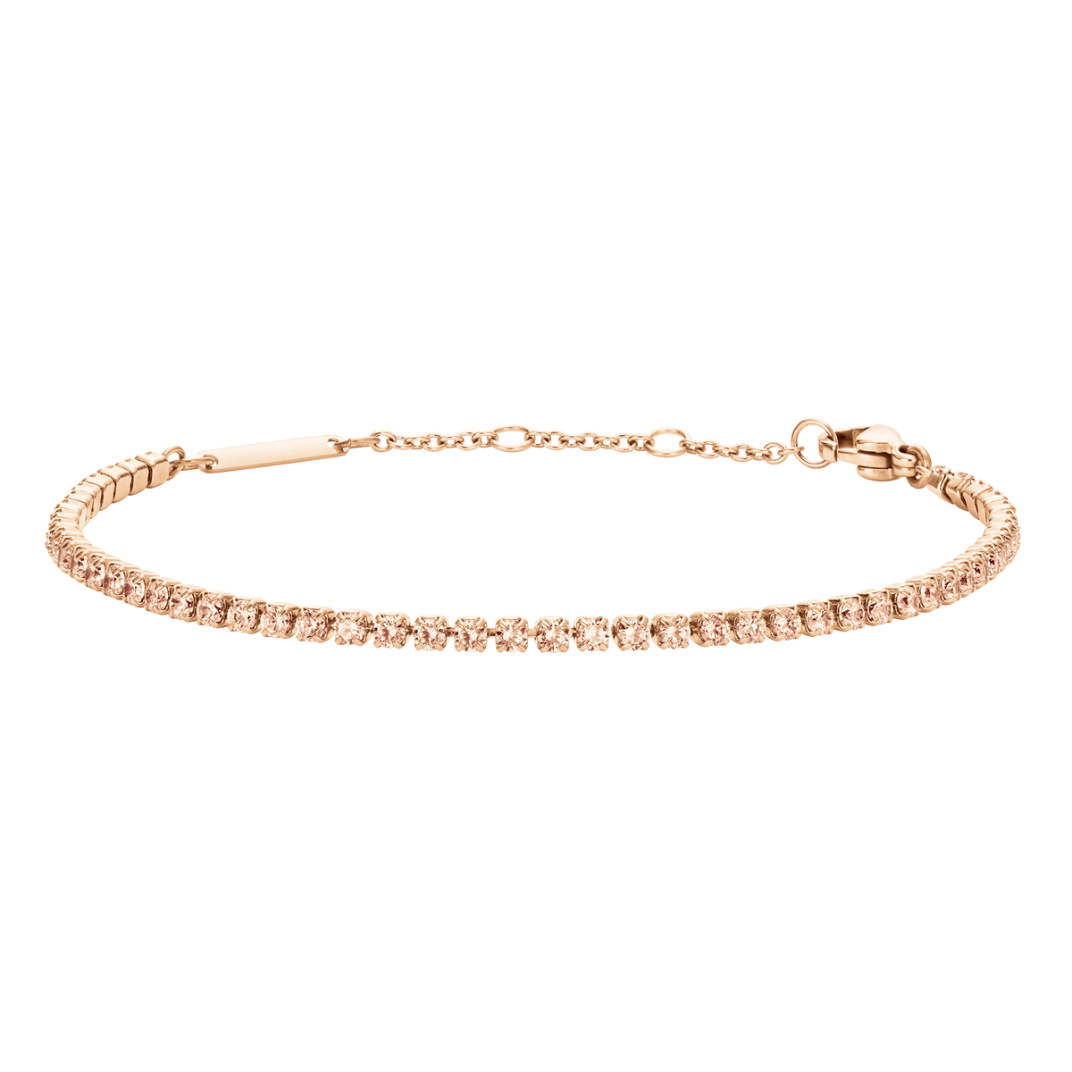 Bracciale tennis in oro rosa impreziosito da cristalli color pesca, incastonati con tecnica a griffe. Dotato di chiusura regolabile e catena di estensione per una vestibilità personalizzabile.