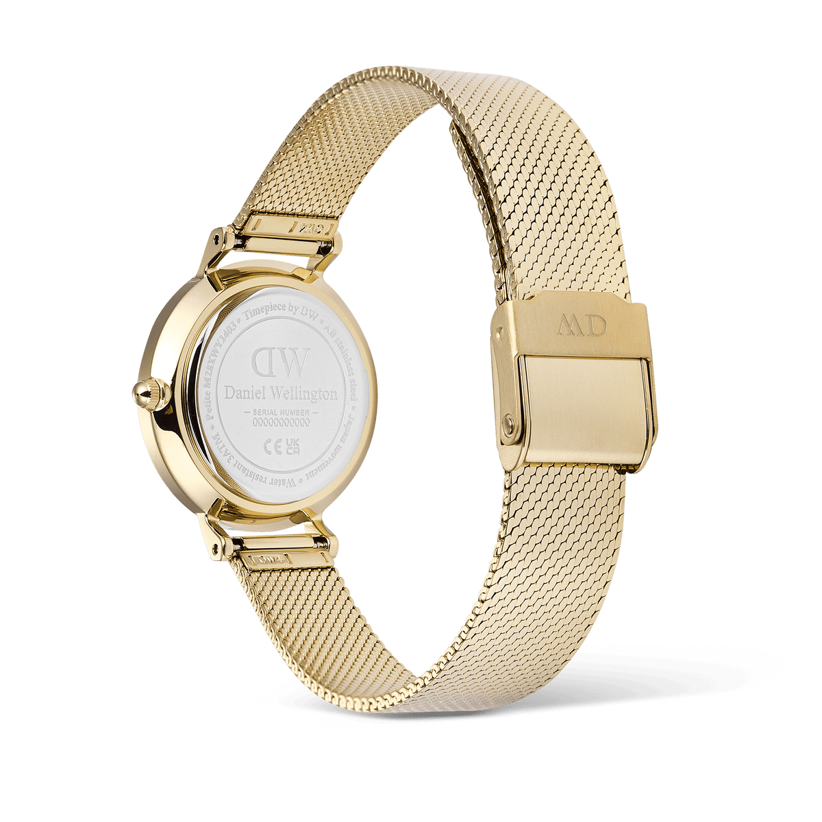 Rear view of the Petite Reflection Gold women's watch with an engraved case back and adjustable gold-coloured stainless steel mesh strap.