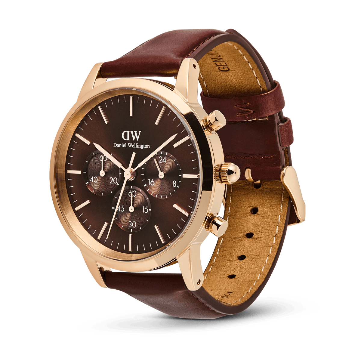 Vista lateral del reloj Iconic Chronograph St Mawes Amber RG mostrando la correa de piel napa marrón con sistema de cambio rápido y hebilla de oro rosa.