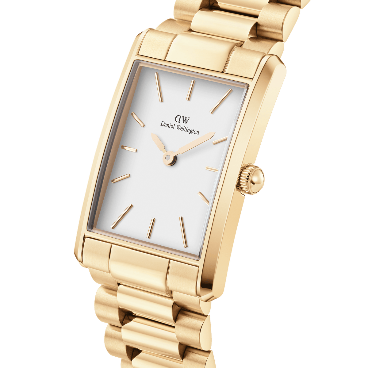 Close-up view of the Bound 3-Link Gold ladies' watch by Daniel Wellington with a rectangular case, gold-coloured stainless steel bracelet and white dial with minimalist indices.