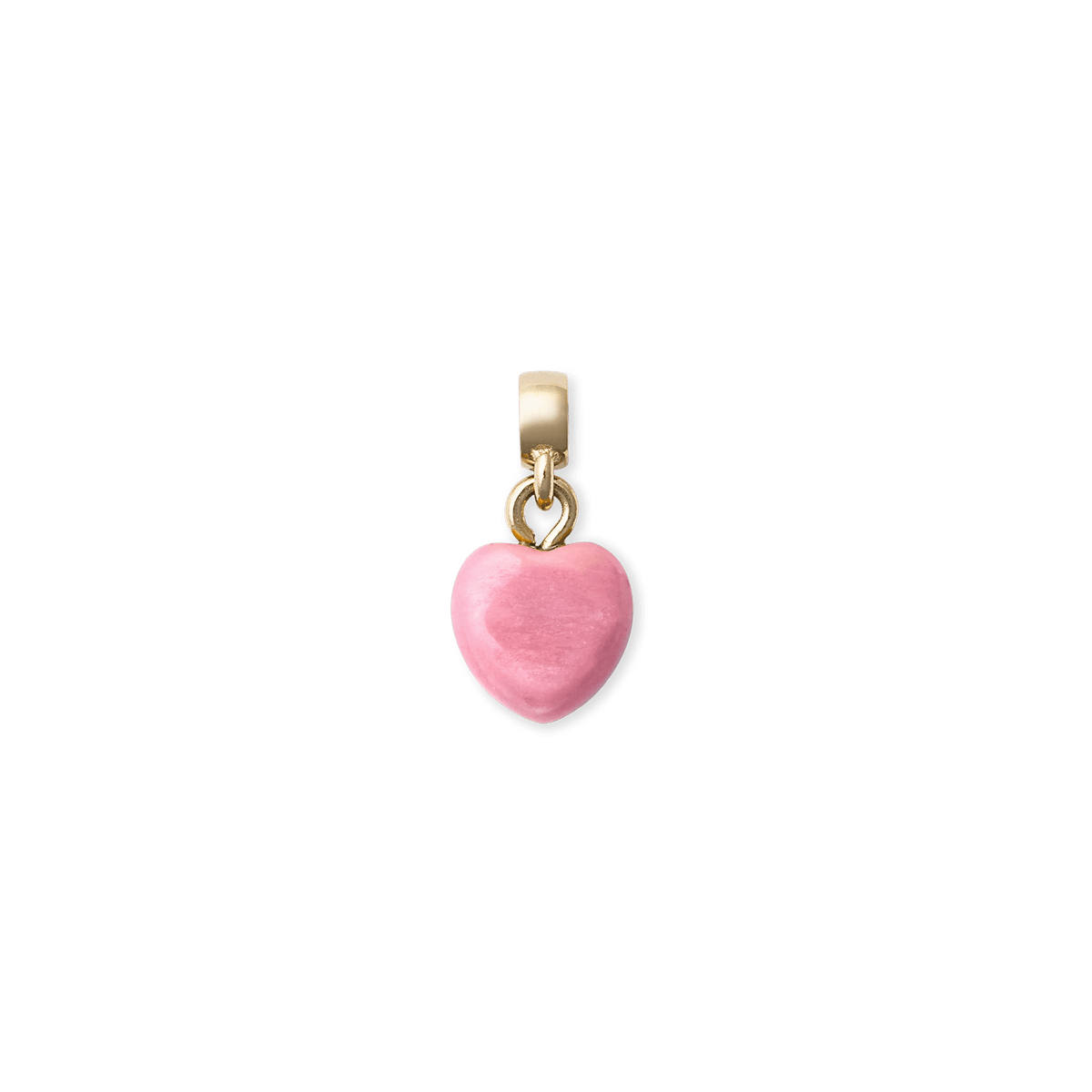 Charm de corazón con rodonita rosa natural y acabado dorado pulido sobre fondo blanco