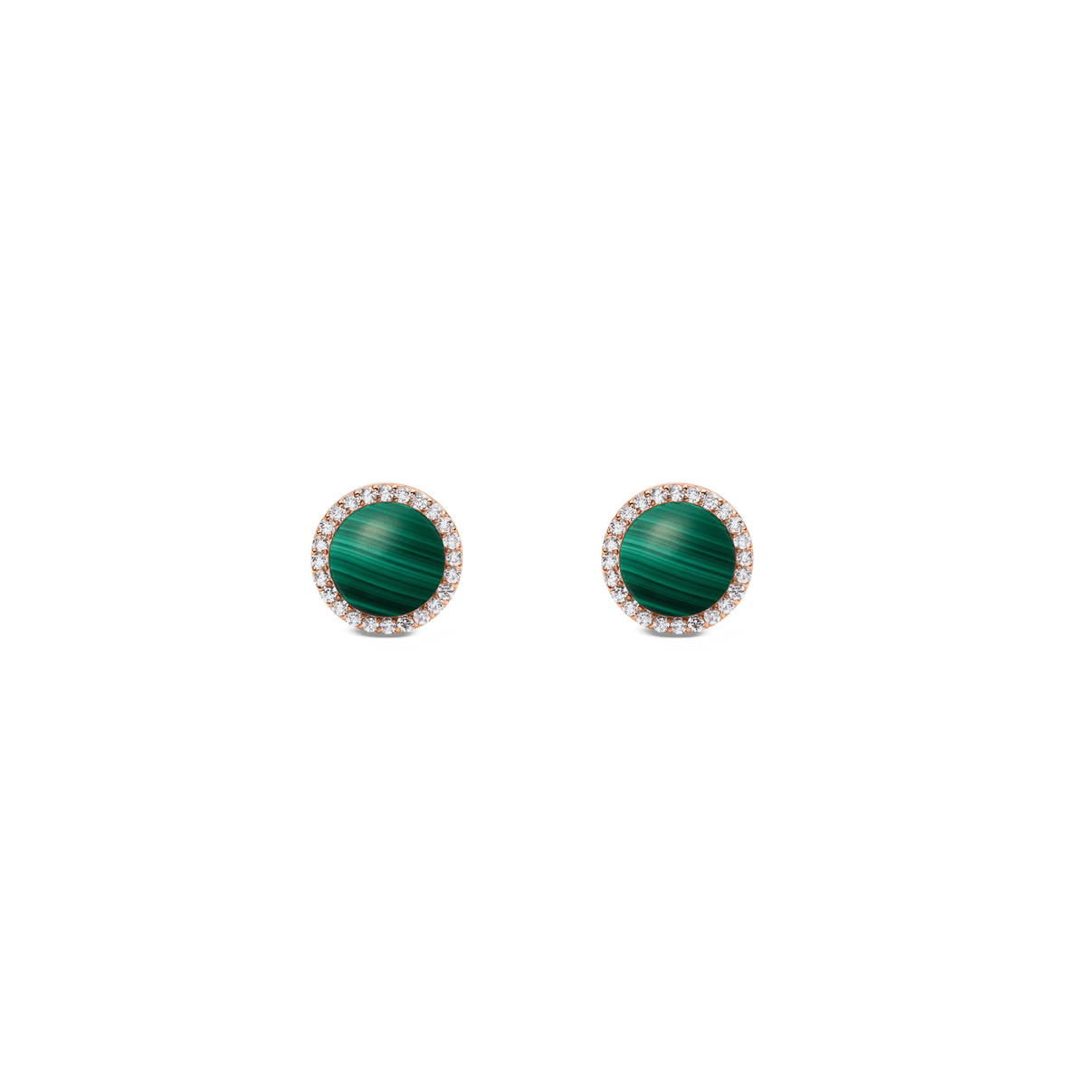 Orecchini a lobo Audrey in malachite verde dalle venature naturali, con montatura in oro rosa e corona di zirconi bianchi.