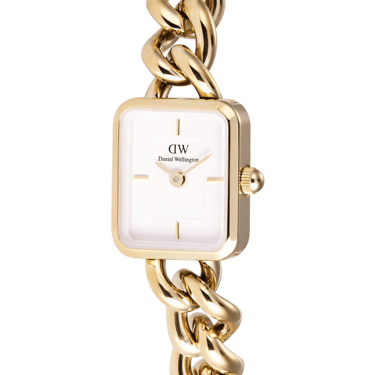 Detailed view of the Jolie Chain Gold women's watch with a rectangular white dial and solid gold-coloured stainless steel chain bracelet.