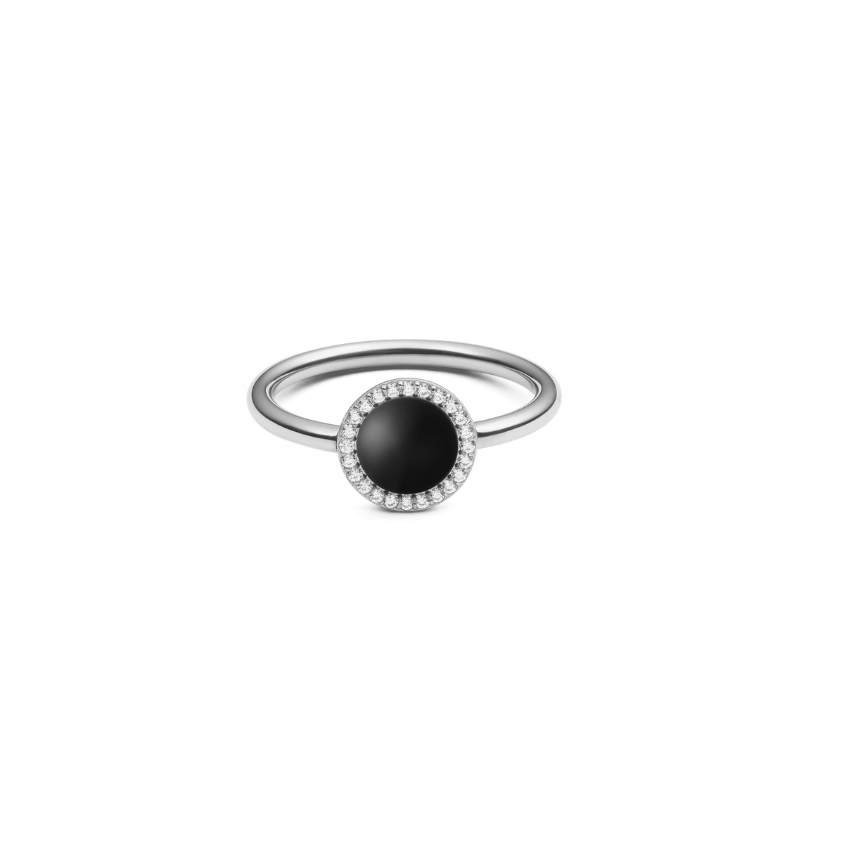 Elegant silver ring with a round black agate centre stone, surrounded by a delicate pavé halo of white zirconia crystals.