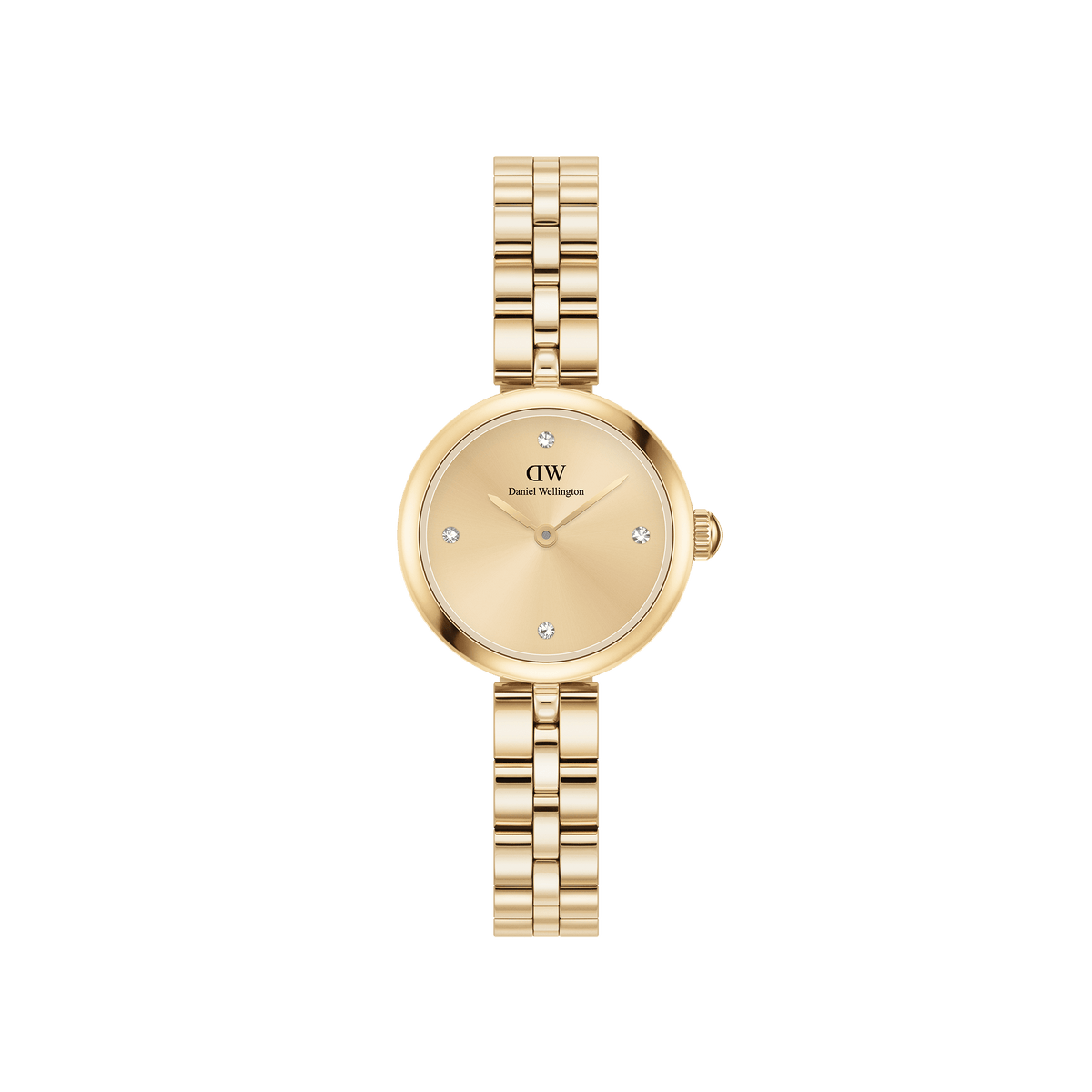 Elegant gold women's watch with a round case, delicate 3-link bracelet and gold-coloured dial, accented by four sparkling crystals.
