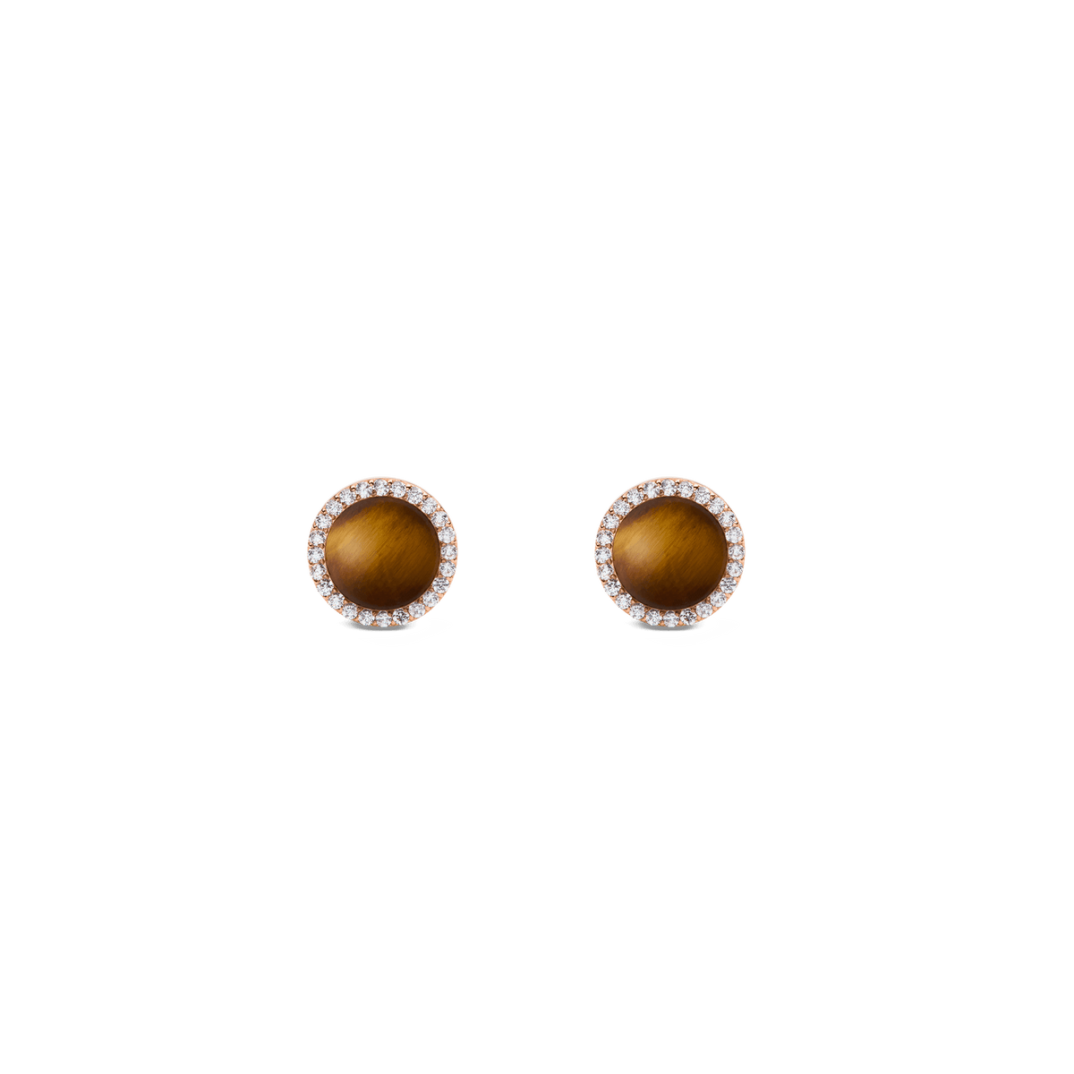 Pendientes de botón Audrey con piedra de ojo de tigre y halo de circonitas blancas en oro rosa sobre fondo blanco