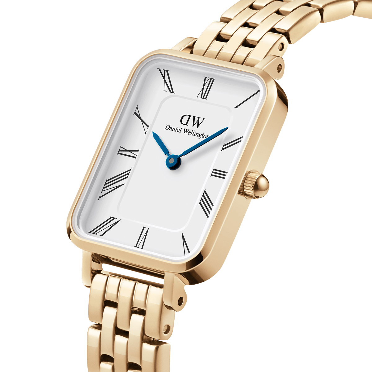 Close-up view of the Quadro Roman Numerals 5-Link Gold women's watch by Daniel Wellington with a rectangular case, white dial, Roman numerals, and blue hands.