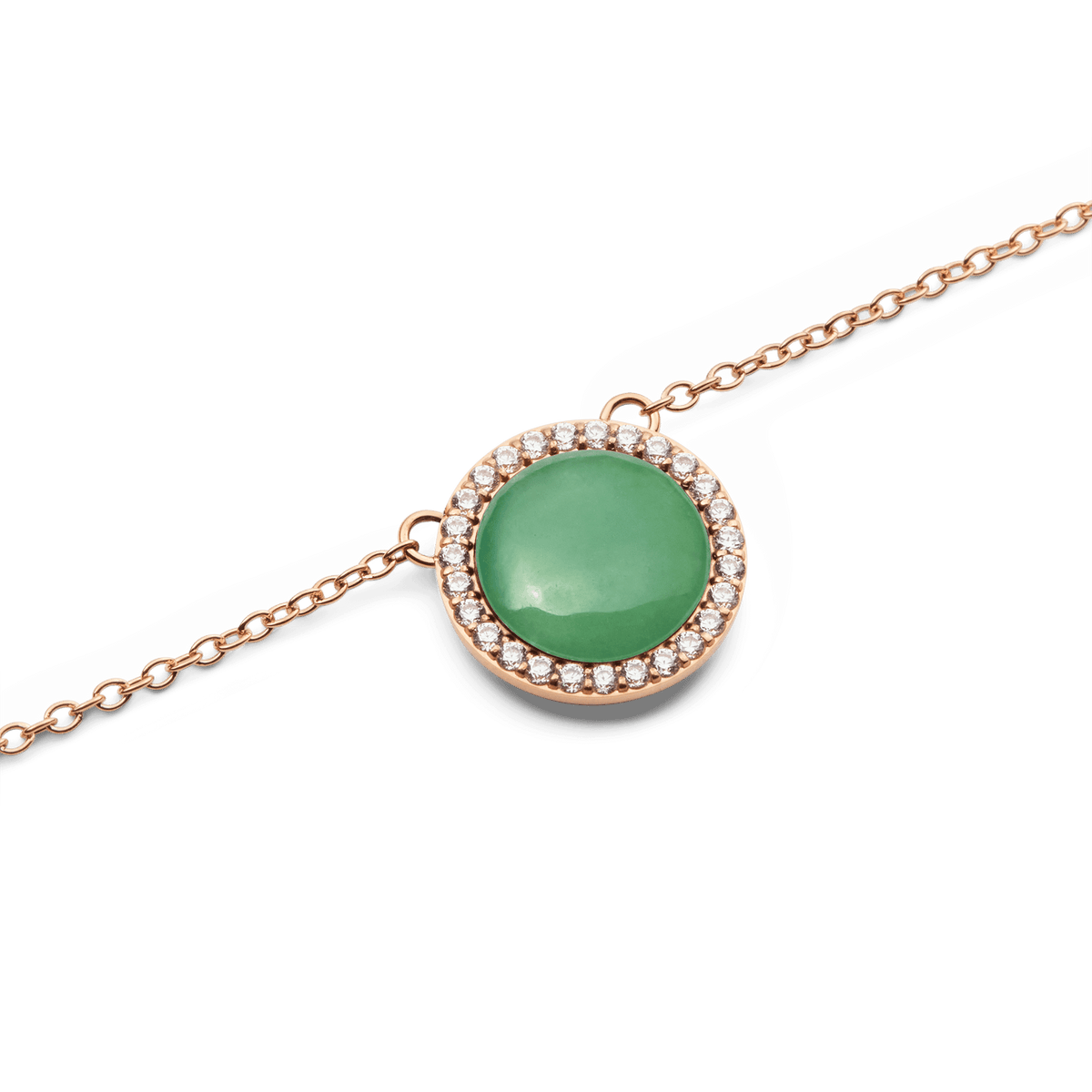 Collana Audrey con ciondolo rotondo in giada verde naturale, impreziosito da una cornice di zirconi bianchi. Realizzata in acciaio inossidabile con placcatura in oro rosa.
