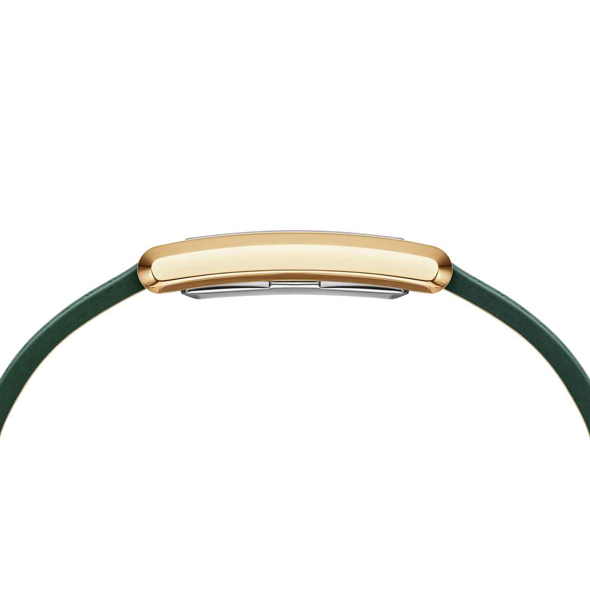 Side view of the slim, rectangular case of the gold ladies' watch Bound Crocodile Champagne Sunray Gold with green leather strap.