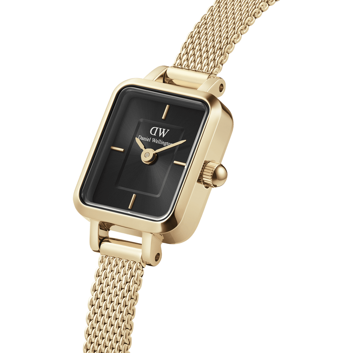 Close-up view of the Quadro Mini Evergold Onyx ladies' watch with rectangular gold-coloured case, black sunray dial and fine stainless steel mesh strap.