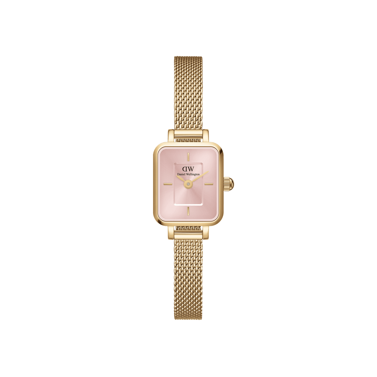 Elegant women's watch with a rectangular gold-coloured case, delicate mesh strap, and rose-coloured sunray dial.