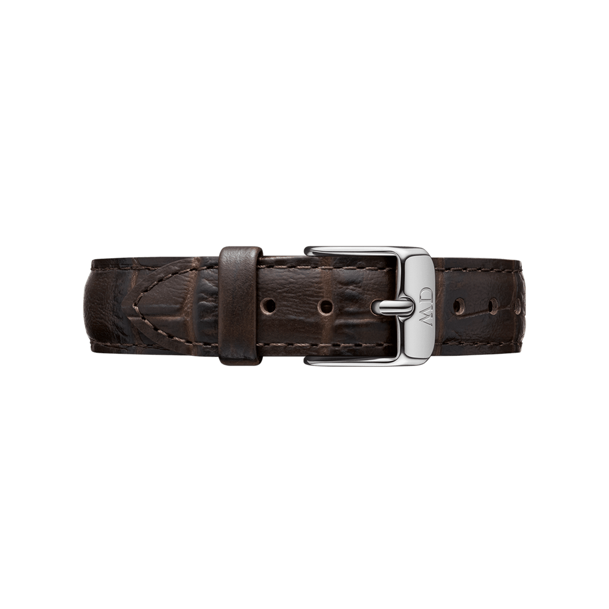 High-quality York leather strap in dark brown with crocodile embossing and silver pin buckle, ideal as an elegant replacement strap for watches.