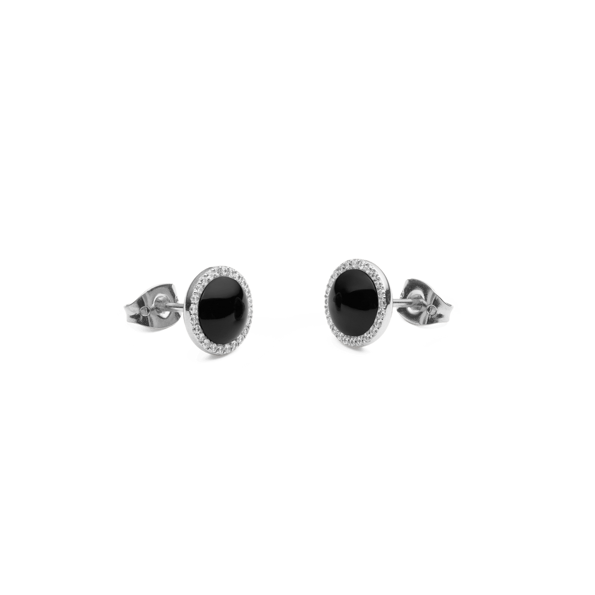 Audrey stud earrings made of stainless steel with round black agate and a delicate zirconia crystal border in a silver design.