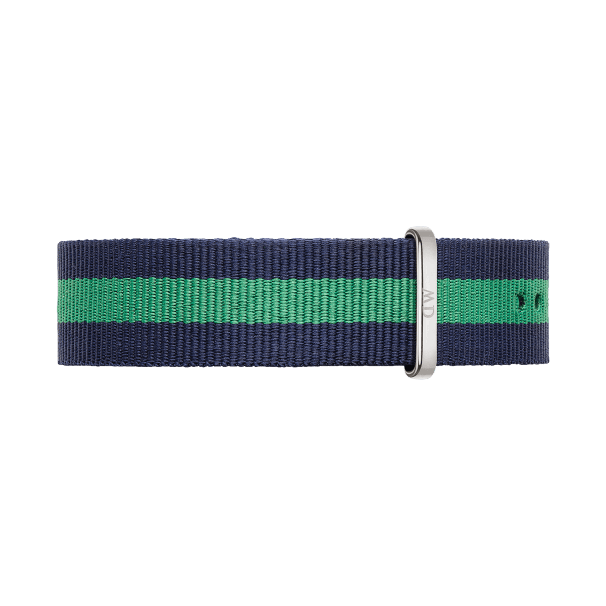 Warwick Strap Silver NATO watch strap made from durable polyester with navy blue and green stripes and a silver buckle, 20 mm wide.