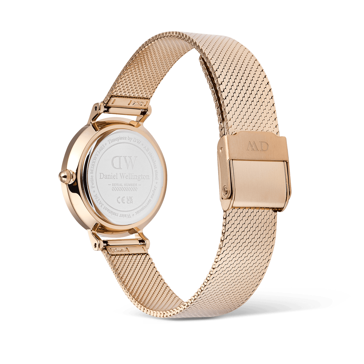 Rear view of the Petite Reflection Rose Gold women's watch with an engraved case back and an adjustable mesh strap made of rose gold-coloured stainless steel.