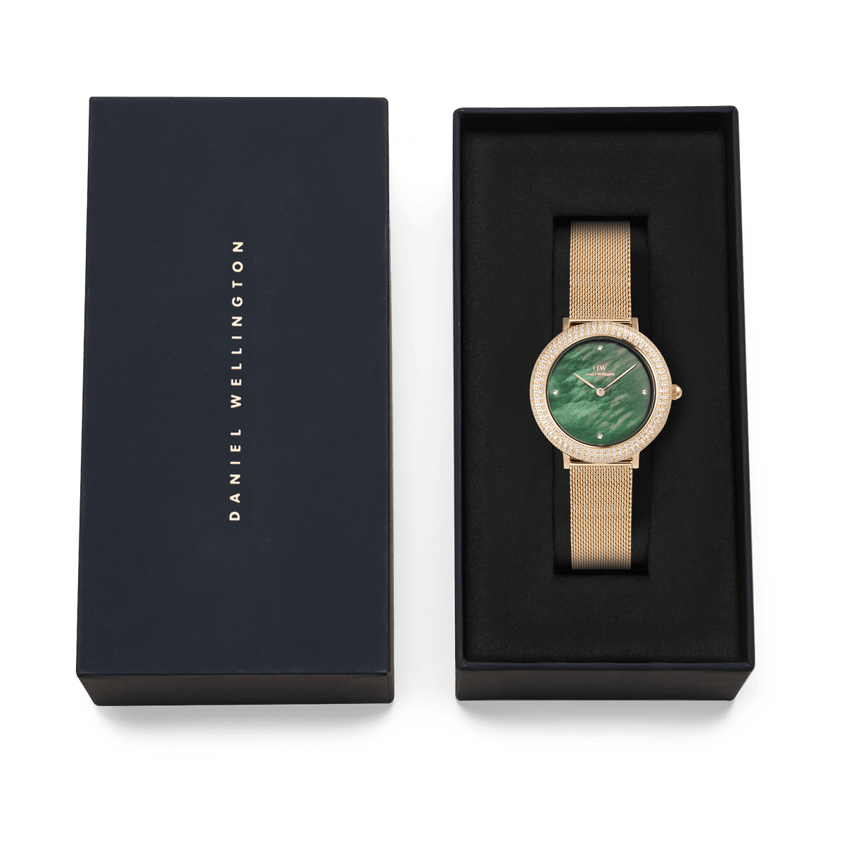 Golden ladies' watch with green mother-of-pearl dial and zirconia bezel in an elegant Daniel Wellington gift box.
