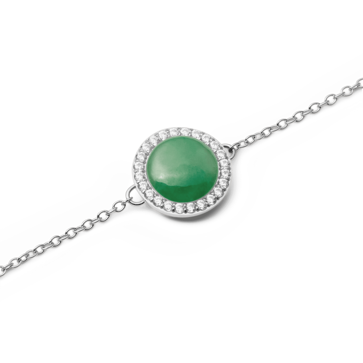 Close-up view of the Audrey Bracelet Jade Silver featuring a round green jade gemstone, surrounded by sparkling white zirconia crystals on a delicate silver chain.