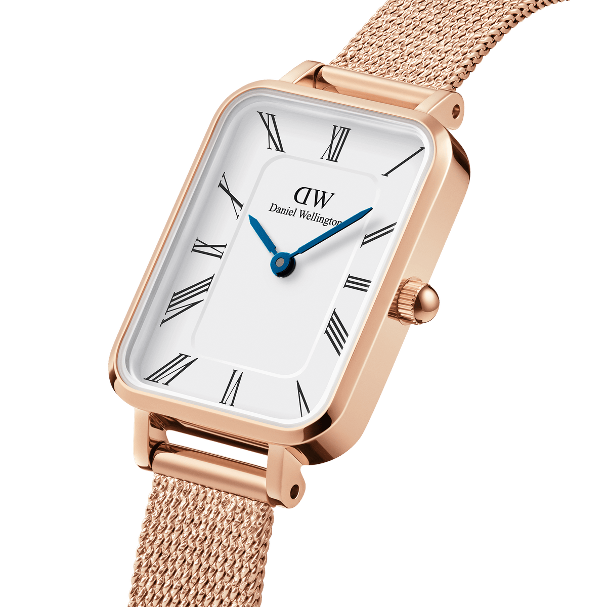 Close-up view of the Quadro Roman Numerals Melrose ladies' watch with a rectangular rose gold case, white dial, Roman numerals and a fine mesh strap.