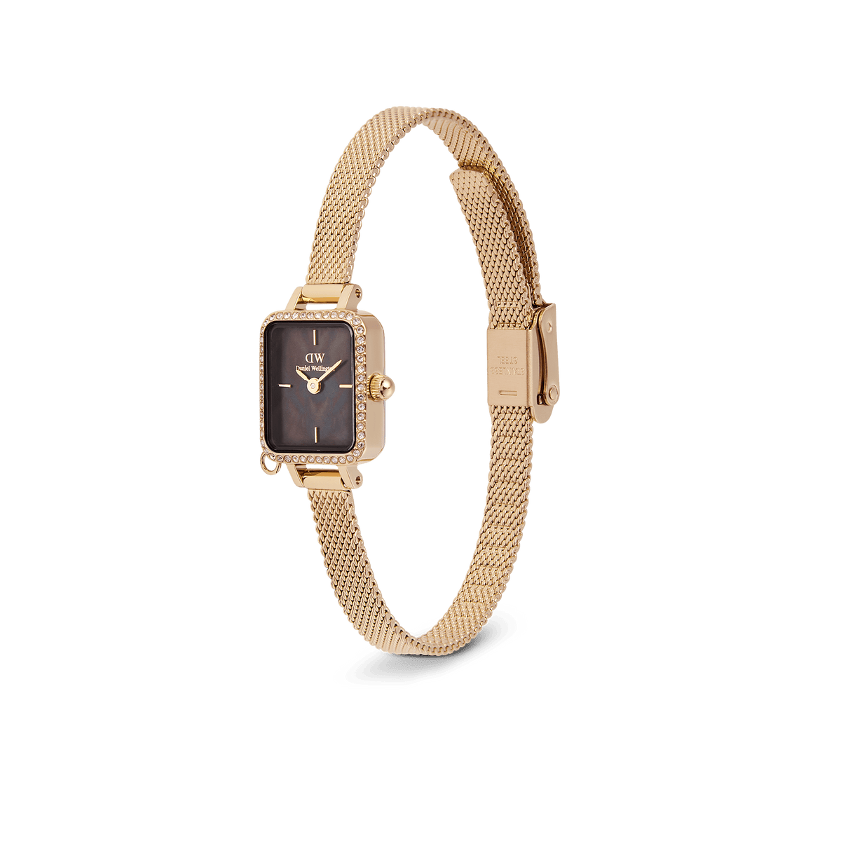 Side view of the Quadro Mini Crystal Zodiac Evergold women's watch with a rectangular gold-coloured case, black mother-of-pearl dial, crystal embellishments, and fine mesh strap with safety clasp.