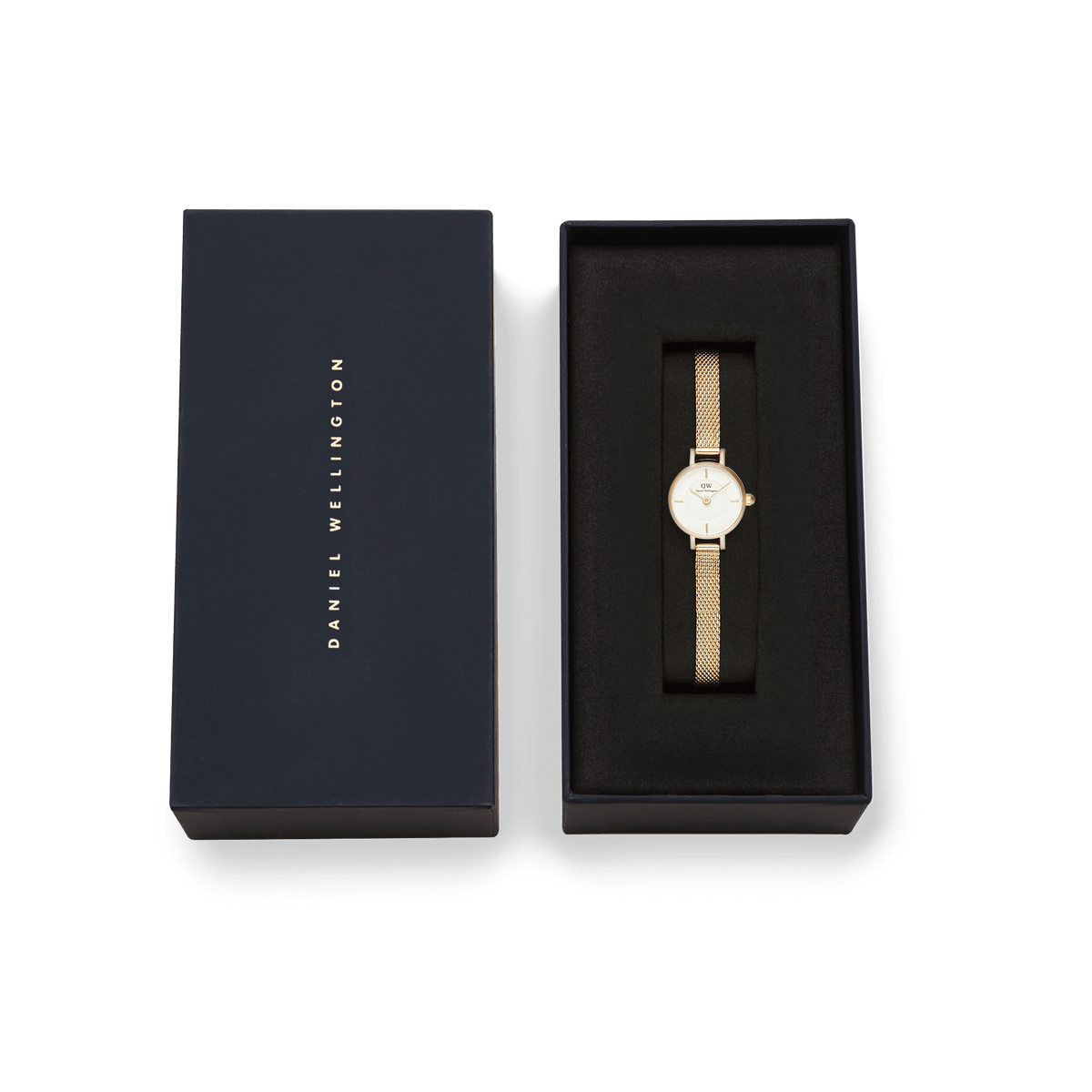 The Petite Mini Evergold ladies' watch with a gold-coloured mesh strap and white dial is elegantly presented in a black Daniel Wellington gift box.