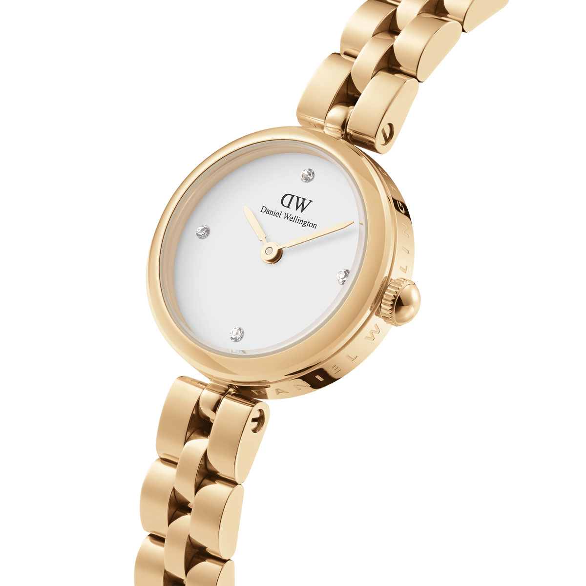 Primo piano dell'orologio **Elan Lumine Gold** che mette in risalto il quadrante bianco minimalista con cinque cristalli incastonati, lancette dorate e corona zigrinata.