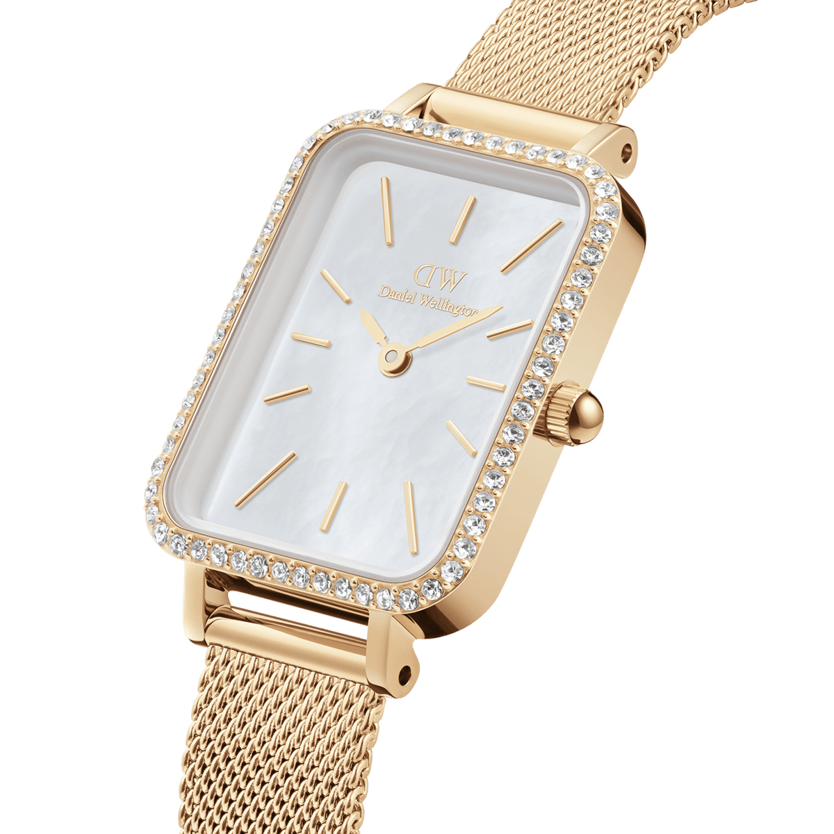 Close-up view of a rectangular Daniel Wellington ladies' watch with a gold-coloured mesh strap, white mother-of-pearl dial and sparkling stone-set bezel.